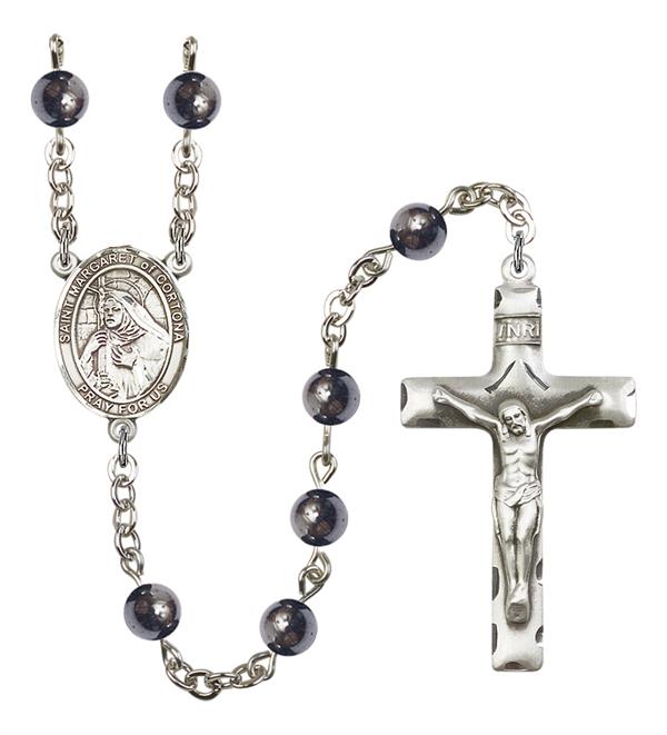 St. Margaret of Cortona Rosary, 6mm Hematite Beads, Silver Plate, # 11790