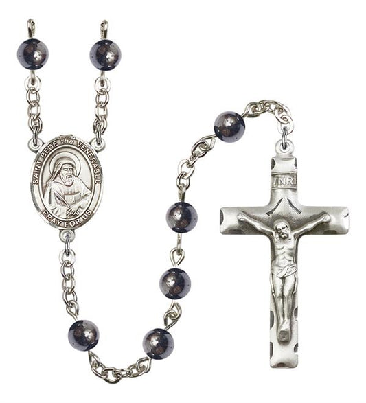 St. Bede the Venerable Rosary, 6mm Hematite Beads, Silver Plate, # 11791