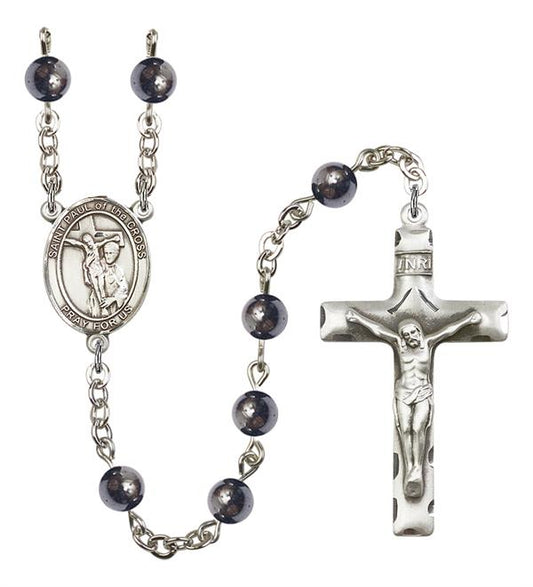 St. Paul of the Cross Rosary, 6mm Hematite Beads, Silver Plate, # 11807