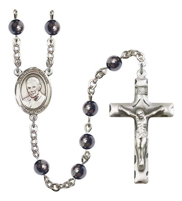 St. Luigi Orione Rosary, 6mm Hematite Beads, Silver Plate, # 11815