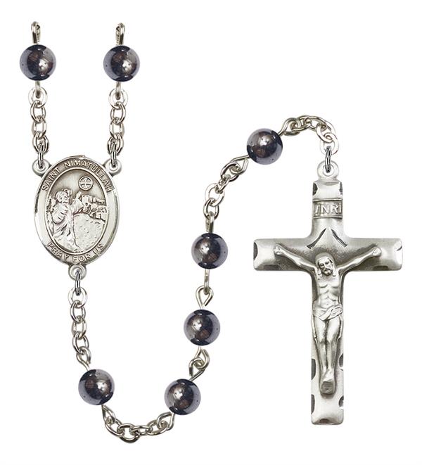 St. Nimatullah Rosary, 6mm Hematite Beads, Silver Plate, # 11829