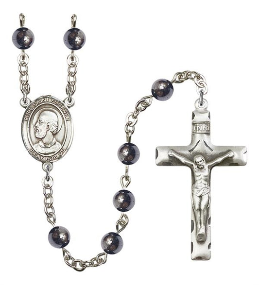Pope Saint Eugene I Rosary, 6mm Hematite Beads, Silver Plate, # 11842