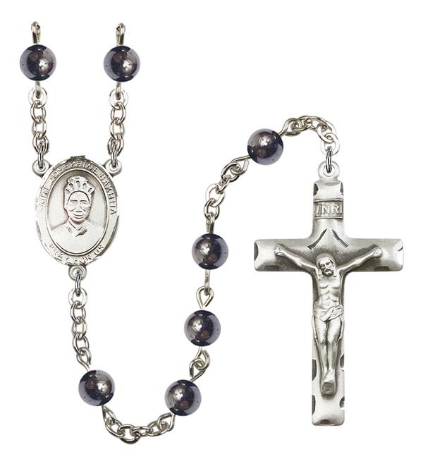 St. Josephine Bakhita Rosary, 6mm Hematite Beads, Silver Plate, # 11850