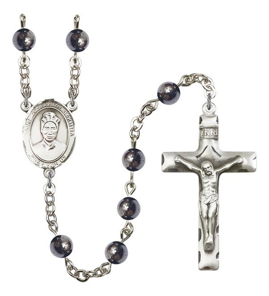St. Josephine Bakhita Rosary, 6mm Hematite Beads, Silver Plate, # 11850