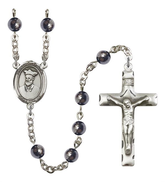 St. Philip Neri Rosary, 6mm Hematite Beads, Silver Plate, # 11861