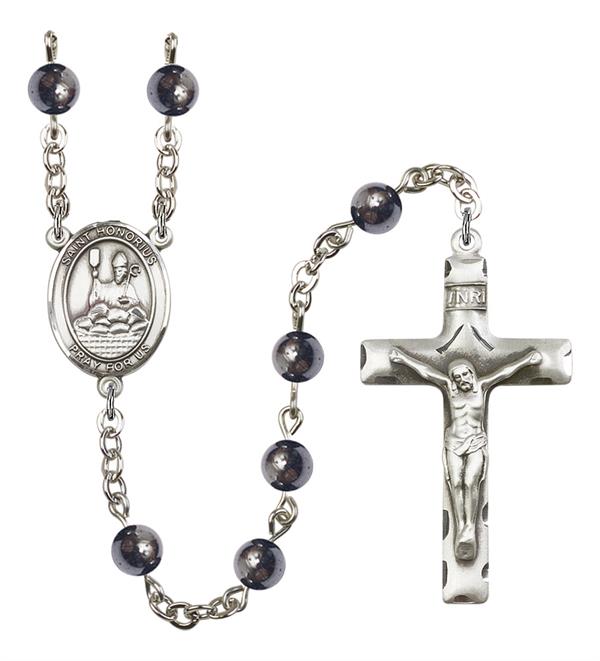 St. Honorius of Amiens Rosary, 6mm Hematite Beads, Silver Plate, # 11868