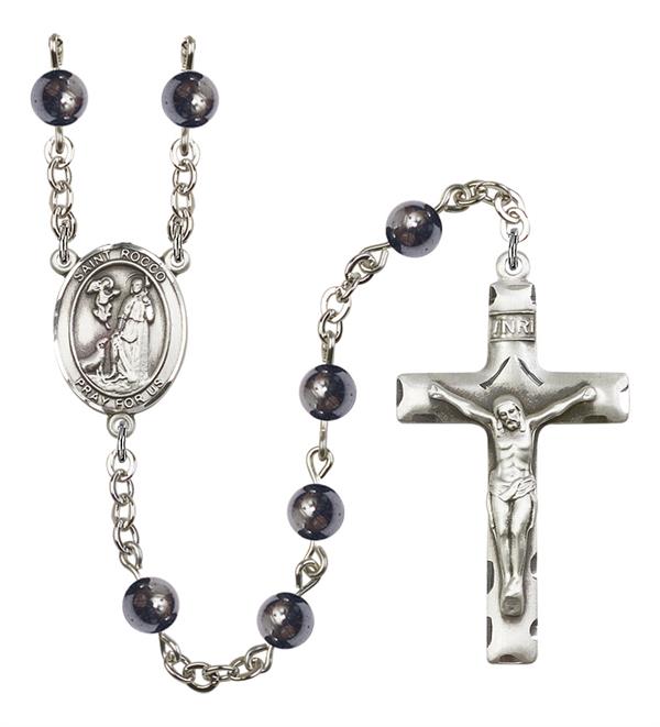 St. Rocco Rosary, 6mm Hematite Beads, Silver Plate, # 11869