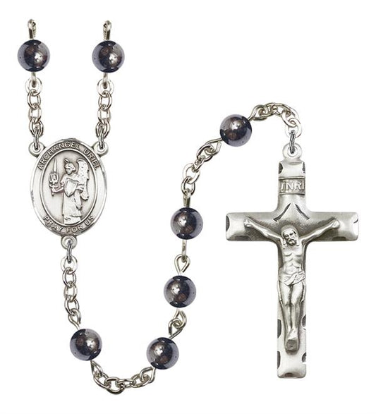 St. Uriel the Archangel Rosary, 6mm Hematite Beads, Silver Plate, # 11870