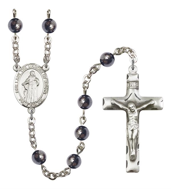 Our Lady Undoer of Knots Rosary, 6mm Hematite Beads, Silver Plate, # 11875