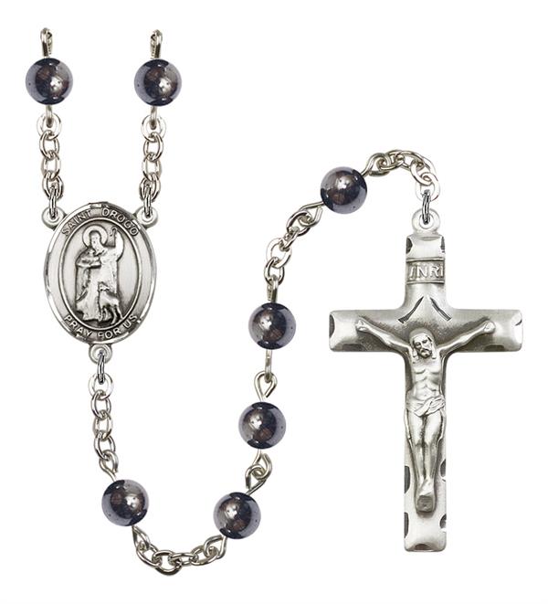 St. Drogo Rosary, 6mm Hematite Beads, Silver Plate, # 11880