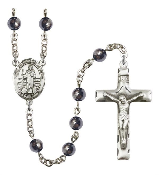 St. Bernadine of Sienna Rosary, 6mm Hematite Beads, Silver Plate, # 11881