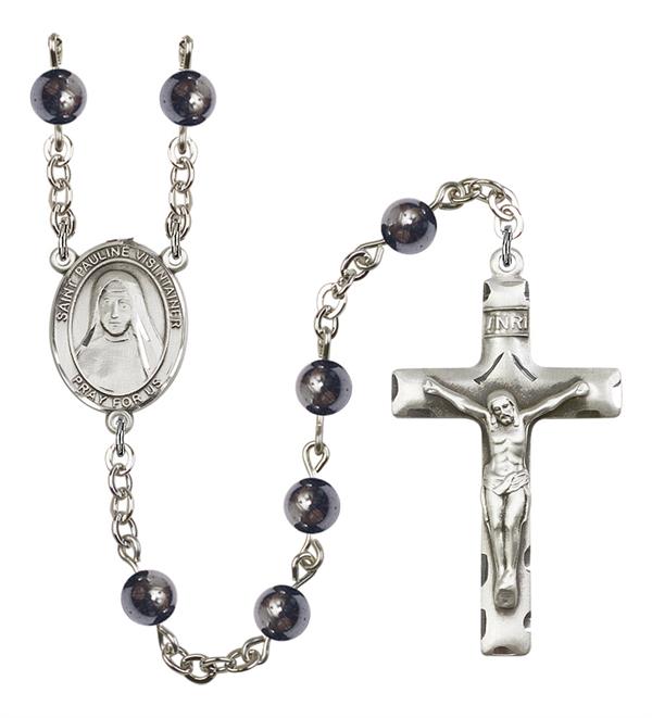 St. Pauline Visintainer Rosary, 6mm Hematite Beads, Silver Plate, # 11885