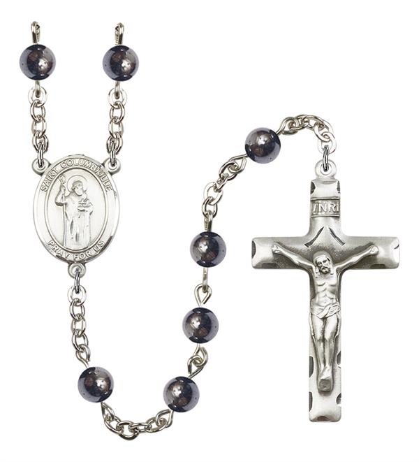 St. Columbkille Rosary, 6mm Hematite Beads, Silver Plate, # 11892
