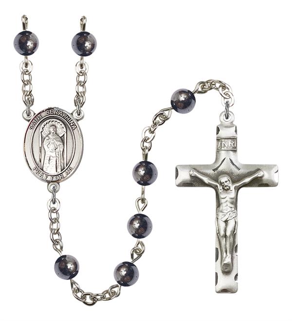 St. Seraphina Rosary, 6mm Hematite Beads, Silver Plate, # 11898