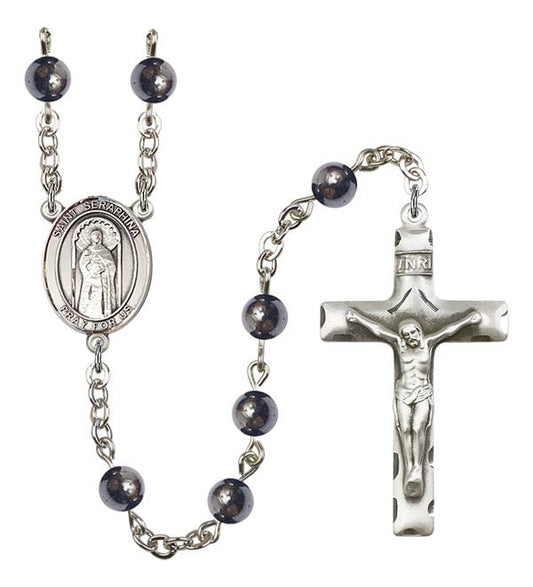 St. Seraphina Rosary, 6mm Hematite Beads, Silver Plate, # 11898