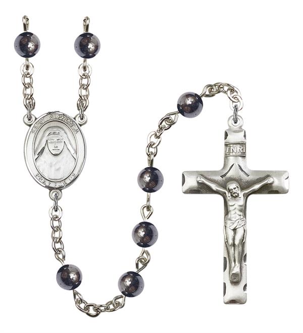 St. Alphonsa of India Rosary, 6mm Hematite Beads, Silver Plate, # 11899