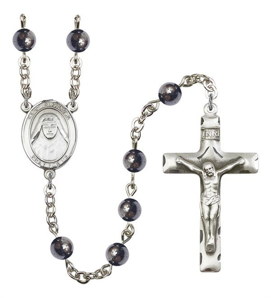 St. Alphonsa of India Rosary, 6mm Hematite Beads, Silver Plate, # 11899