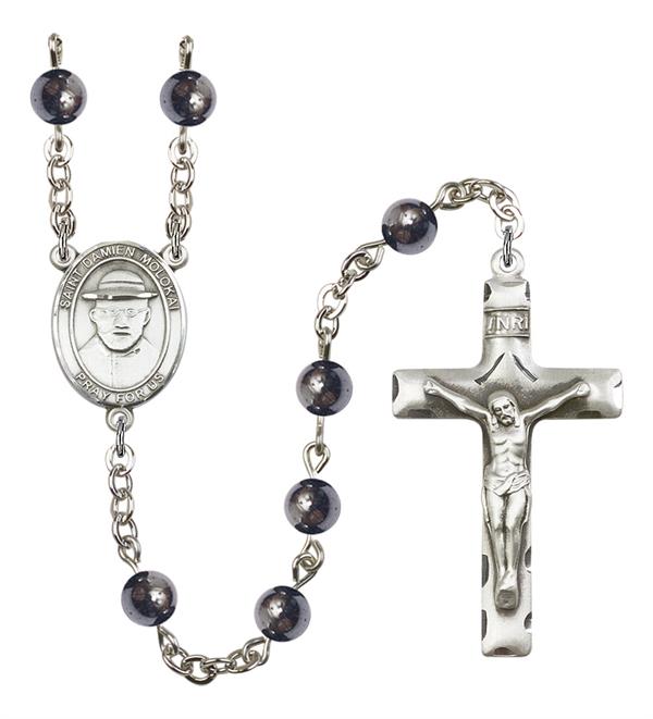 St. Damien of Molokai Rosary, 6mm Hematite Beads, Silver Plate, # 11905