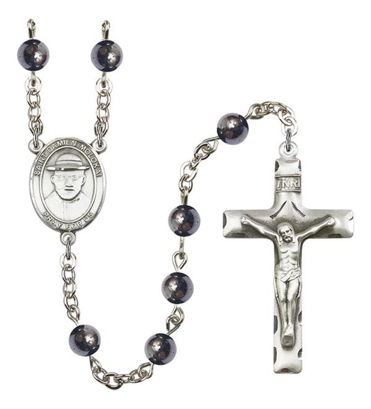 St. Damien of Molokai Rosary, 6mm Hematite Beads, Silver Plate, # 11905