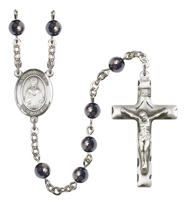 St. Winifred of Wales Rosary, 6mm Hematite Beads, Silver Plate, # 11913