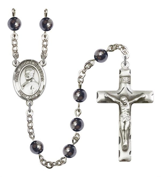 St. Andre Bessette Rosary, 6mm Hematite Beads, Silver Plate, # 11918