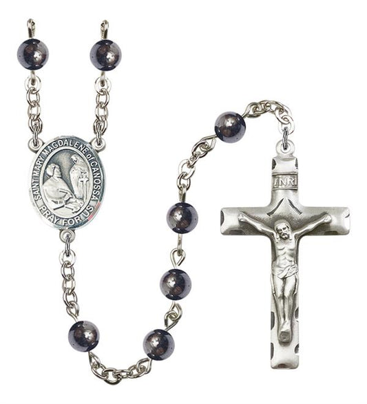 St. Mary Magdalene of Canossa Rosary, 6mm Hematite Beads, Silver Plate, # 11923