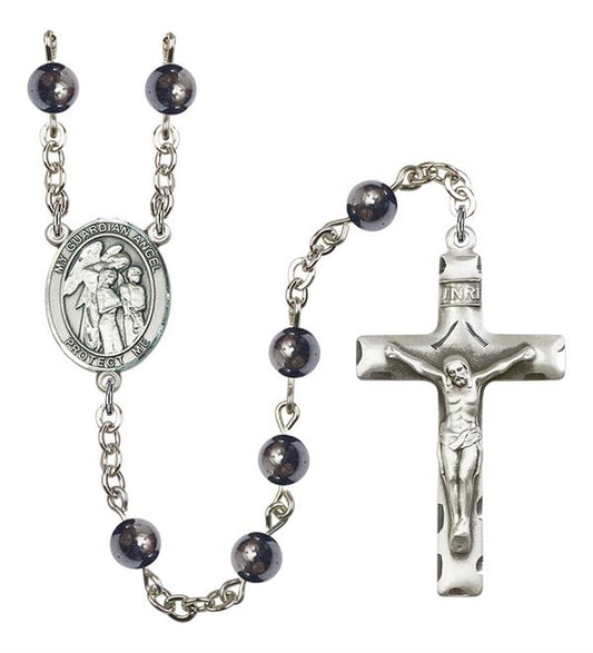 Guardian Angel w/ Children Rosary, 6mm Hematite Beads, Silver Plate, # 11930