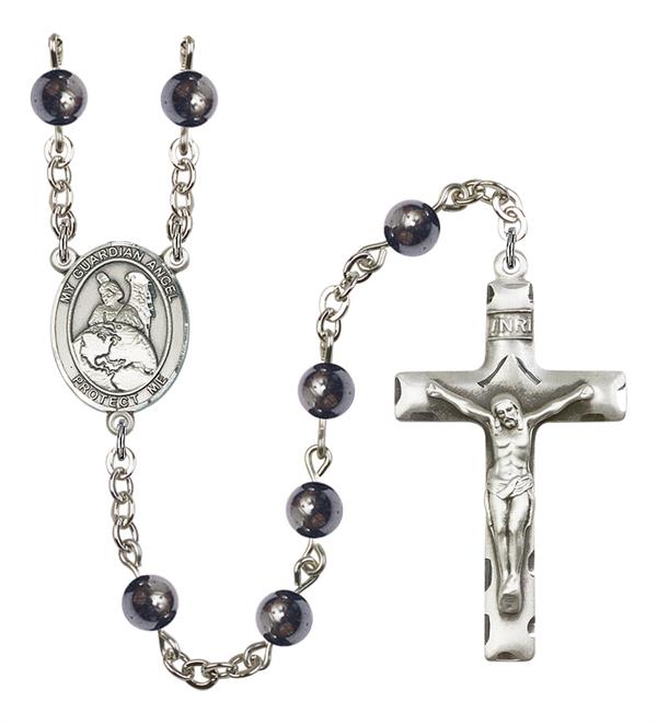 Guardian Angel Protector Rosary, 6mm Hematite Beads, Silver Plate, # 11931