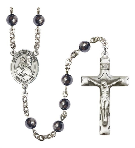 Guardian Angel Protector Rosary, 6mm Hematite Beads, Silver Plate, # 11931
