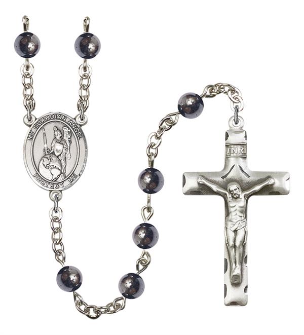 Guardian Angel of the World Rosary, 6mm Hematite Beads, Silver Plate, # 11932