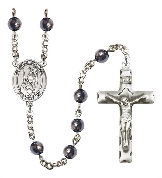 Guardian Angel of the World Rosary, 6mm Hematite Beads, Silver Plate, # 11932