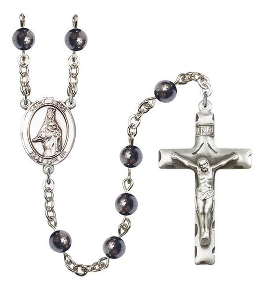 St. Emma Uffing Rosary, 6mm Hematite Beads, Silver Plate, # 11940