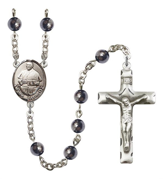 Pope Francis Rosary, 6mm Hematite Beads, Silver Plate, # 11941