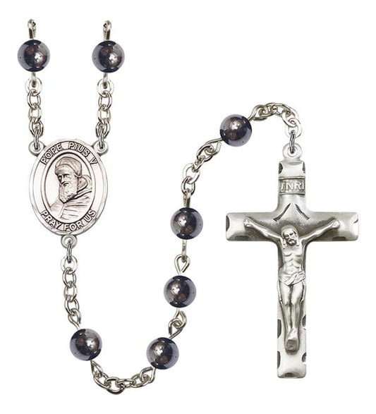 Pope Pius V Rosary, 6mm Hematite Beads, Silver Plate, # 11942