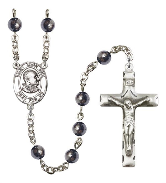 St. John XXIII Rosary, 6mm Hematite Beads, Silver Plate, # 11943