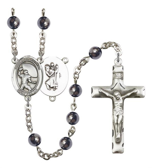 St. Christopher / Football Rosary, 6mm Hematite Beads, Silver Plate, # 11945