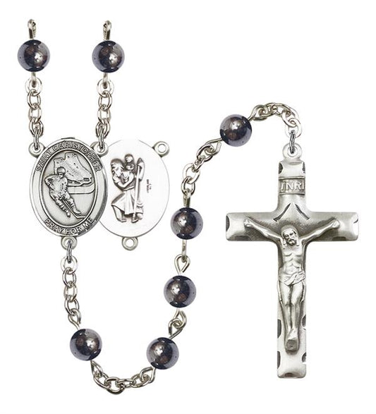St. Christopher / Hockey Rosary, 6mm Hematite Beads, Silver Plate, # 11948