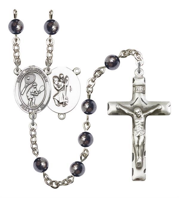 St. Christopher / Tennis Rosary, 6mm Hematite Beads, Silver Plate, # 11949