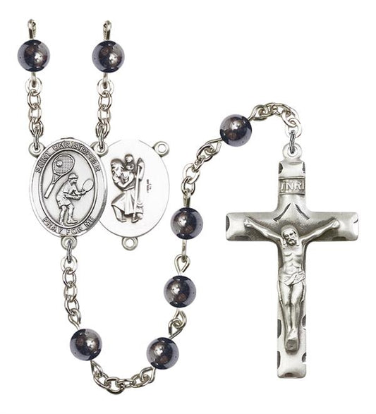St. Christopher / Tennis Rosary, 6mm Hematite Beads, Silver Plate, # 11949
