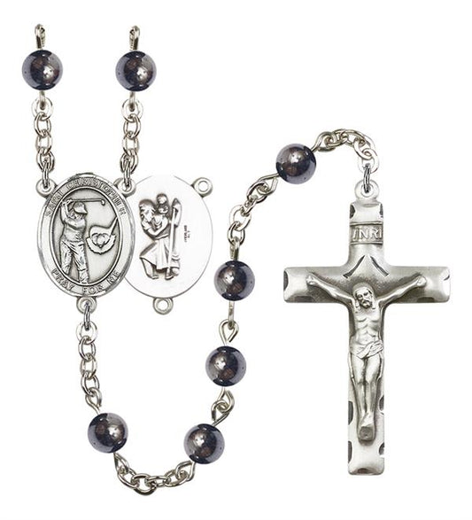 St. Christopher / Golf Rosary, 6mm Hematite Beads, Silver Plate, # 11950