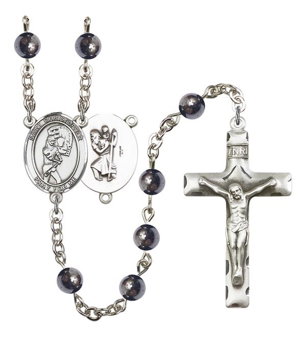 St. Christopher / Softball Rosary, 6mm Hematite Beads, Silver Plate, # 11951