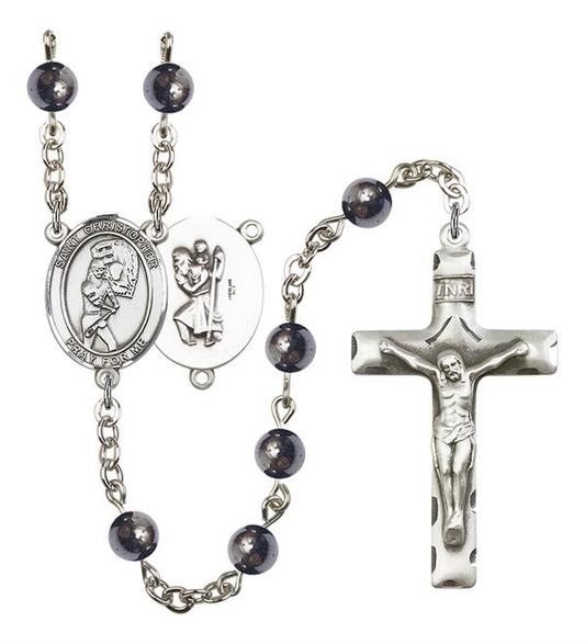 St. Christopher / Softball Rosary, 6mm Hematite Beads, Silver Plate, # 11951