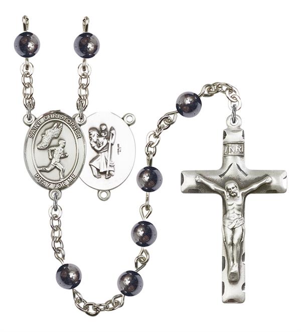 St. Christopher / Men's Track & Field Rosary, 6mm Hematite Beads, Silver Plate, # 11953