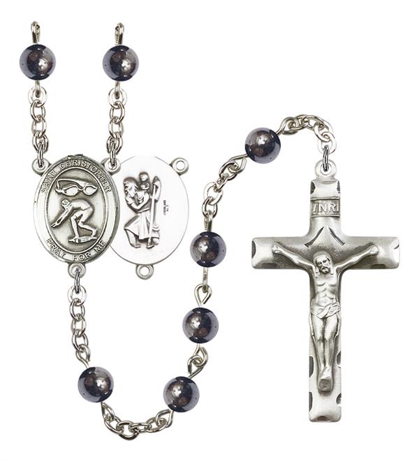 St. Christopher / Swimming Rosary, 6mm Hematite Beads, Silver Plate, # 11955