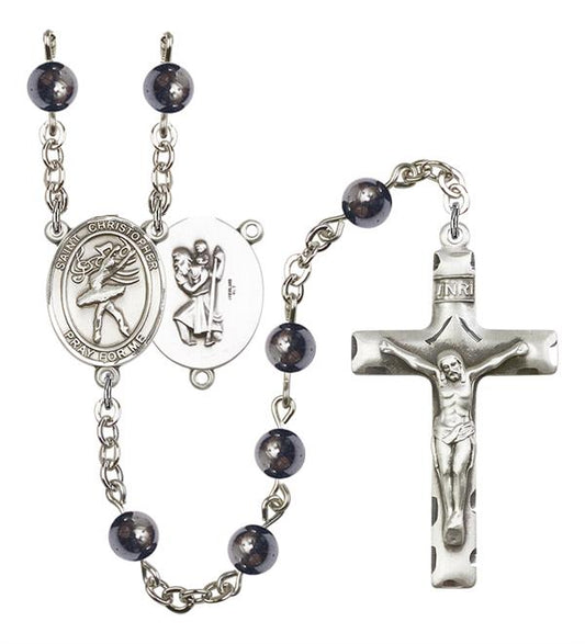 St. Christopher / Dance Rosary, 6mm Hematite Beads, Silver Plate, # 11956