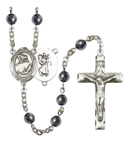 St. Christopher / Gymnastics Rosary, 6mm Hematite Beads, Silver Plate, # 11957
