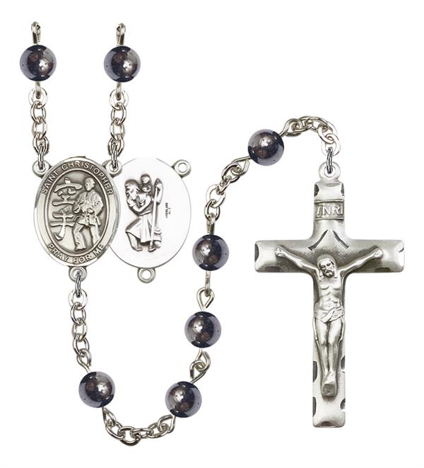 St. Christopher / Karate Rosary, 6mm Hematite Beads, Silver Plate, # 11965