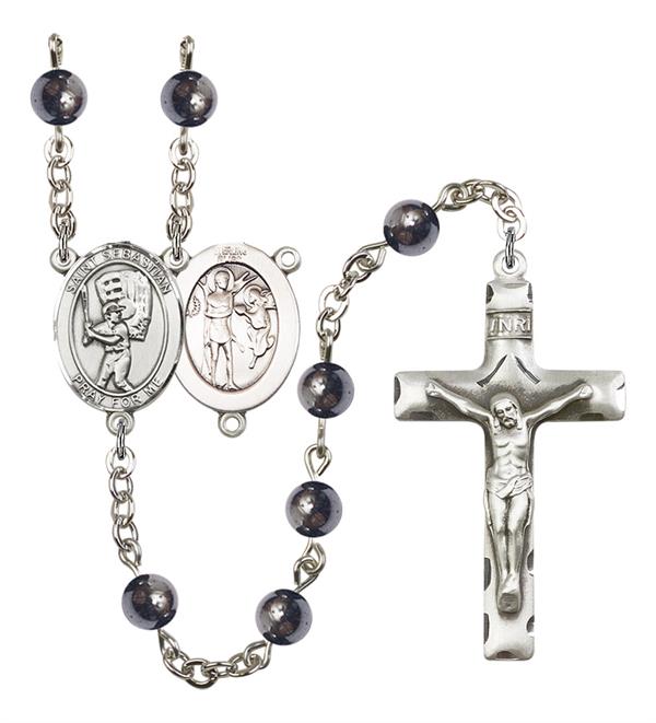 St. Sebastian / Baseball Rosary, 6mm Hematite Beads, Silver Plate, # 11967