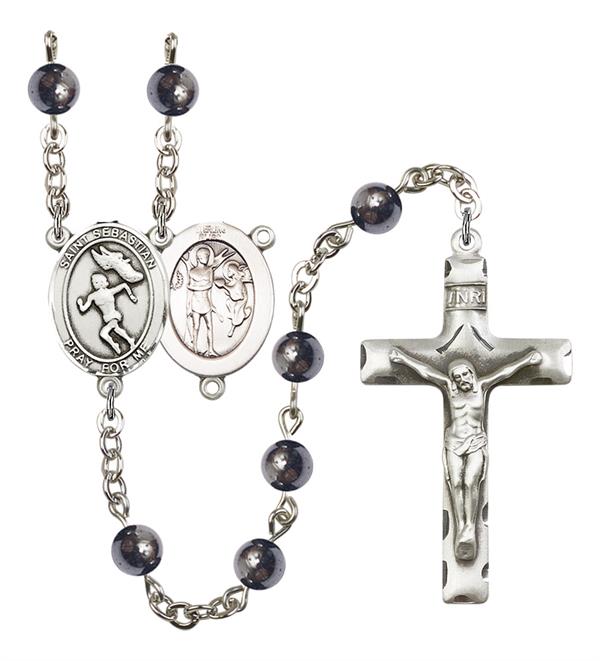 St. Sebastian / Women's Track & Field Rosary, 6mm Hematite Beads, Silver Plate, # 11978