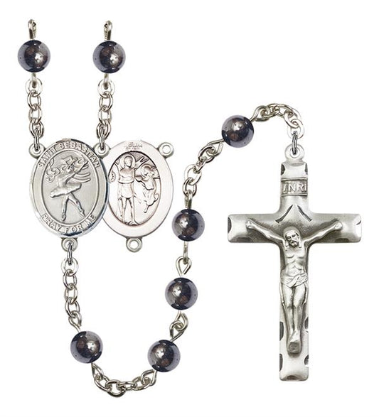 St. Sebastian / Dance Rosary, 6mm Hematite Beads, Silver Plate, # 11980